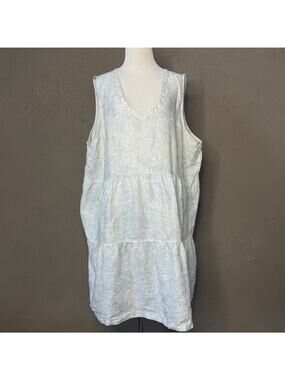 Tahari 100% Linen Blue White Tiered V-Neck Sleeveless Dress Plus 2X